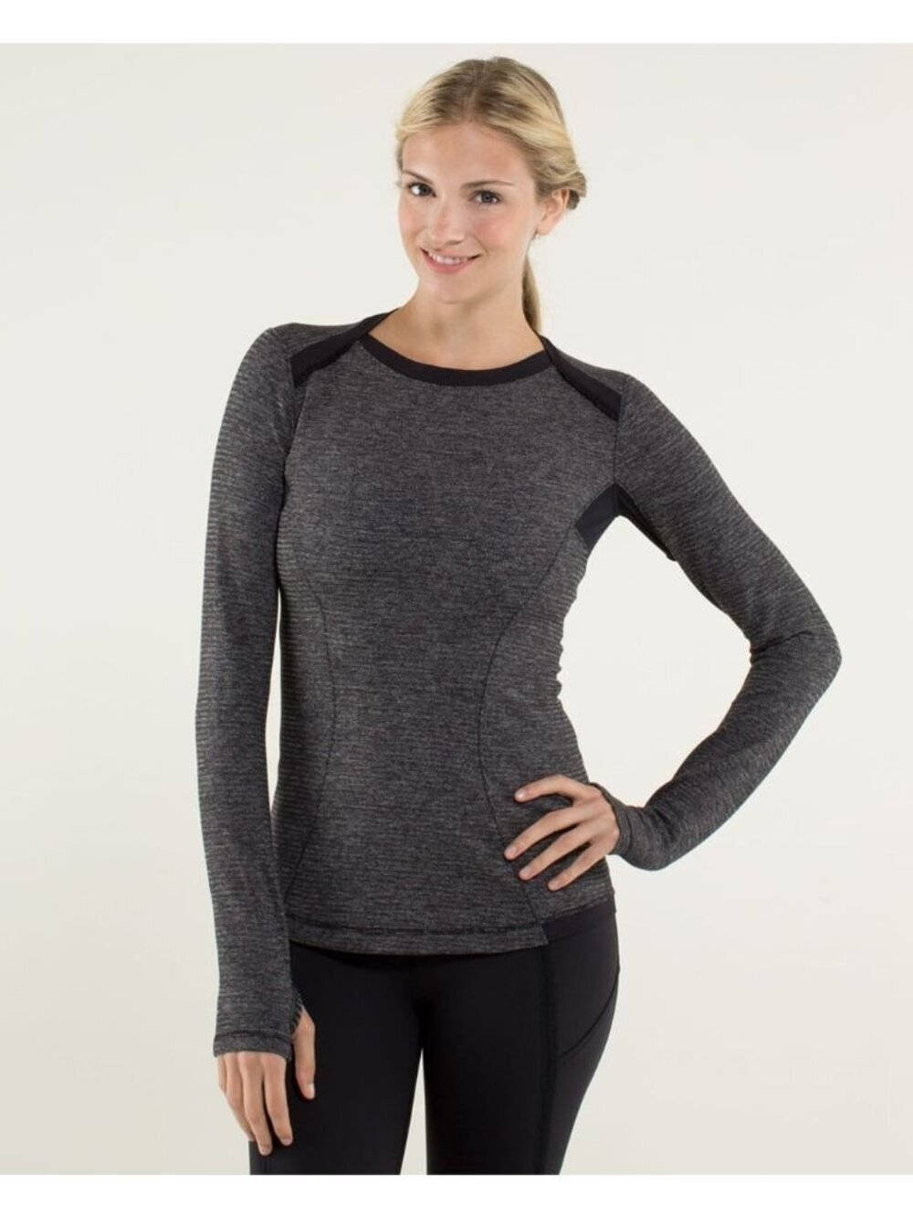 Lululemon Base Runner Long Sleeve Womens 4 Black Heathered Mini Check Pique